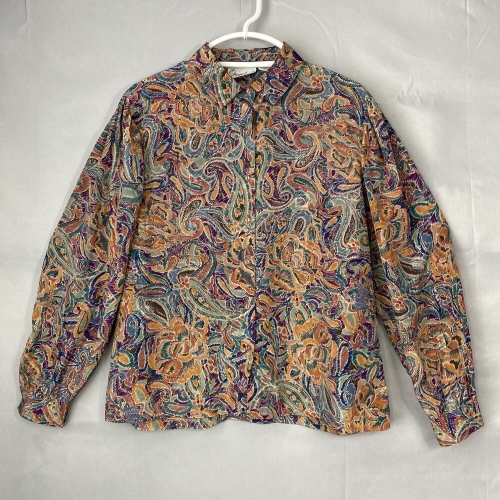 VTG Shapely Blouse Womens XL Colorful Blouson Top 70's Floral Disco Paisley LS